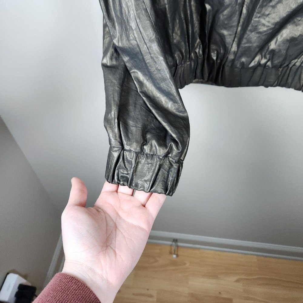 French Connection Bomber Jacket Womens Olive Green Metallic Coated Linen Y2K - Picture 9 of 13